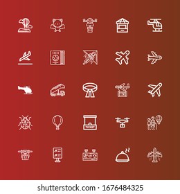 Editable 25 flight icons for web and mobile. Set of flight included icons line Aeroplane, Salver, Departure, Flight information, Drone, Hot air balloon, Ticket office, Ladybug on red