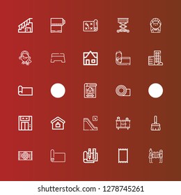 Editable 25 floor icons for web and mobile. Set of floor included icons line Planning, Carpet, Plan, Mat, Broom, Cupboard, Escalator, Real estate, Lift, Yoga mat, Blueprint on red