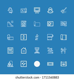 Bearbeitbar 25 Stocksymbole für Web und Mobile. Eskalator, Treppen, Vakuum, Planung, Immobilien, Lift, Yoga-Matte auf blauem Hintergrund inklusive Ikonen-Reihe Häuserplan, Rug, Eskalator, Treppen, Vakuum, Planung, Immobilien, Lift, Yoga-Matte auf blauem Hintergrund
