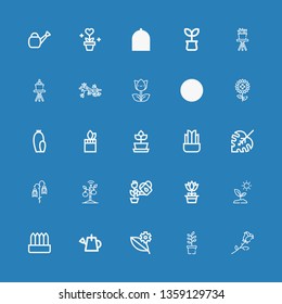 Editable 25 flora icons for web and mobile. Set of flora included icons line Rose, Plant, Leaf, Watering can, Sprout, Flower, Monstera leaf, Cactus, Sunflower on blue background