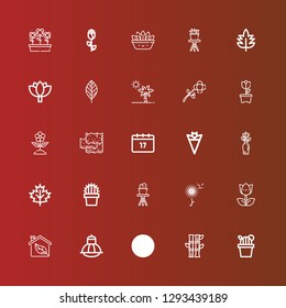 Editable 25 floral icons for web and mobile. Set of floral included icons line Cactus, Bamboo, Leaves, Terrarium, Eco, Tulip, Dandelion, Leaf, Flower, Bouquet, Saint Patrick on red