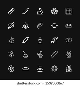 Editable 25 flour icons for web and mobile. Set of flour included icons line Bread, Waffle, Sourdough, Windmill, Yeast, Rolling pin, Spike, Cinnamon roll, Baguette on black background