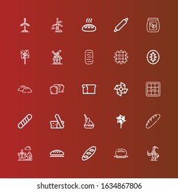 Editable 25 flour icons for web and mobile. Set of flour included icons line Windmill, Bun, Bread, Yeast, Baguette, Waffle, Dumpling, Sourdough, Baguettes, Seed bag, Rolling pin on red