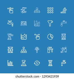 Editable 25 flow icons for web and mobile. Set of flow included icons line Tap, Hourglass, Currency exchange, Chart, Heater, Stats, Diagram, Line chart, Faucet on blue background