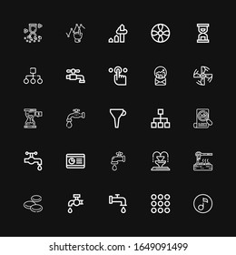 Editable 25 flow icons for web and mobile. Set of flow included icons line Quaver, Caramel, Tap, Blood cells, Heater, Fountain, Water tap, Graph, Stats, Diagram on black background