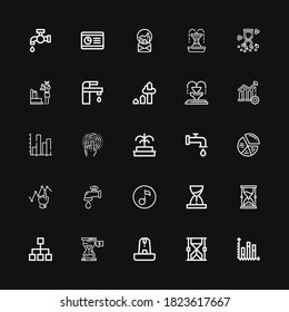 Editable 25 flow icons for web and mobile. Set of flow included icons line Chart, Hourglass, Fountain, Diagram, Quaver, Water tap, Graph, Tap, Stats on black background