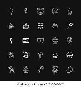 Editable 25 fluffy icons for web and mobile. Set of fluffy included icons line Cupcake, Bear, Marshmallow, Stuffed animal, Teddy bear, Cotton, Feather, Cotton candy on black background