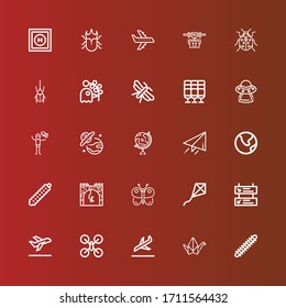 Editable 25 fly icons for web and mobile. Set of fly included icons line Centipede, Origami, Landing, Drone, Take off, Departures, Kite, Butterfly, Bungee jumping, Caterpillar on red