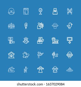 Editable 25 flying icons for web and mobile. Set of flying included icons line Ufo, Swallow, Swan, Control tower, Feeder, Dove, Peace, Airport, Seagull, Ovni on blue background