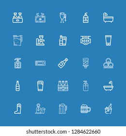 Editable 25 foam icons for web and mobile. Set of foam included icons line Beer, Bath, Soap, Beers, Dispenser, Antiseptic, Gel on blue background
