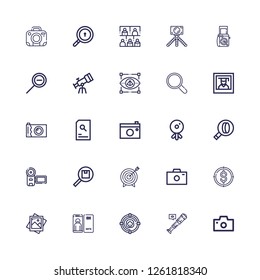 Editable 25 focus icons for web and mobile. Set of focus included icons line Photo camera, Telescope, Target, Focus, Photo, Search, Camera, Webcam, Photography on white background