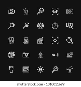 Editable 25 focus icons for web and mobile. Set of focus included icons line Telescope, Zoom, Target, Search, Glass, Tracking, Webcam, Photo camera, Magnifying glass on black background
