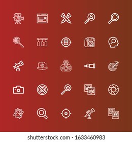 Editable 25 focus icons for web and mobile. Set of focus included icons line Photo, Telescope, Target, Magnifying glass, Shutter, Search, Dartboard, Photo camera, Camera on red