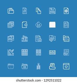 Editable 25 folder icons for web and mobile. Set of folder included icons line Photo album, Folder, Drawer, Psd file, Picture, Documentation, Folders, Stationery on blue background