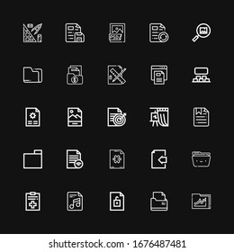 Editable 25 folder icons for web and mobile. Set of folder included icons line Folder, File, Document, New file, Gallery, Jpg, Projection, Text file, Edit tools on black background