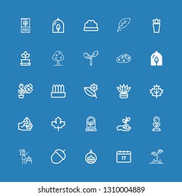 Editable 25 foliage icons for web and mobile. Set of foliage included icons line Plant, Saint Patrick, Acorn, Birch, Maple leaf, Leaf, Fern, Bush, Fruit tree on blue background