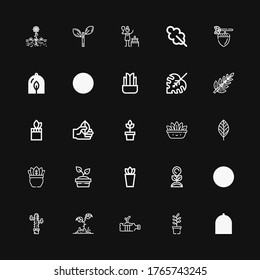 Editable 25 íconos de follaje para web y móvil. El follaje incluye la línea de iconos Planta, Plantas, Hojas, Hoja, Fern, Hoja de Monstera, Acorn, Hoja de roble, Pájaro sobre fondo negro