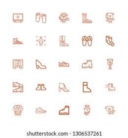Editable 25 foot icons for web and mobile. Set of foot included icons line Dog, Boot, Sneakers, Shoe, Boots, Shoes, Leg, Orthopedic, Socks, Sandals, Body, Barefoot on white background