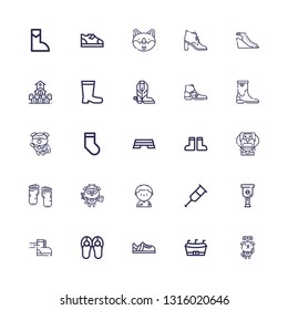 Editable 25 foot icons for web and mobile. Set of foot included icons line Dog, Football, Sneakers, Sandals, Shoe, Leg, Crutch, Soccer player, Barefoot, Boots on white background