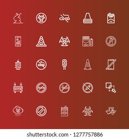 Editable 25 forbidden icons for web and mobile. Set of forbidden included icons line Cone, Biohazard, Cigarette, Banned, Bio weapon, Exclude, No drugs, Smoking, No smoking on red