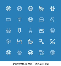 Editable 25 forbidden icons for web and mobile. Set of forbidden included icons line No camera, Cigarette, Biohazard, No phone, No calls, Exclude, Restriction on blue background