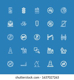 Editable 25 forbidden icons for web and mobile. Set of forbidden included icons line No camera, Cone, Smoke, Cigarette, No drugs, Restriction, Exclude, Smoker on blue background