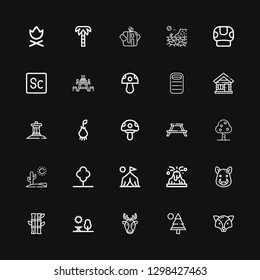 Editable 25 forest icons for web and mobile. Set of forest included icons line Fox, Pine, Deer, Park, Bamboo, Boar, Volcano, Camp, Tree, Desert, Fruit tree on black background