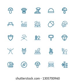 Editable 25 forest icons for web and mobile. Set of forest included icons line Bamboo, Cabin, Mushroom, Adventure, Fossil, Reforestation, Trees, Deer, Volcano on white background
