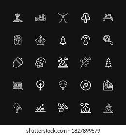 Editable 25 forest icons for web and mobile. Set of forest included icons line Volcano, Camp, Tree, Tsunami, Adventure, Cabin, Branch, Mushroom, Acorn, Disaster on black background