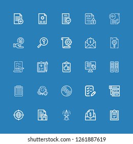 Editable 25 form icons for web and mobile. Set of form included icons line List, Taxes, Papers, Document, Earth grid, Tasks, Record, Dealer, Documentation, Password on blue background