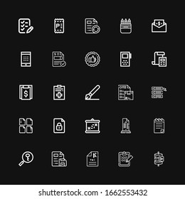 Editable 25 form icons for web and mobile. Set of form included icons line Send data, Clipboard, Exam, File, Password, Notepad, List, Boarding, Wishlist, Signature on black background