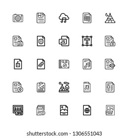 Editable 25 Format Icons For Web And Mobile. Set Of Format Included Icons Line Psd File, File, Jpg, Music File, Tipi, Floppy Disk, Text Editor, Js, Photography On White Background