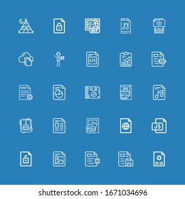 Editable 25 iconos de formato para web y móvil. Conjunto de formatos incluidos iconos línea Archivo, Js, archivo Psd, Fotografía, Jpg, Disquete, Archivo de música, Gif, Tipi en fondo azul