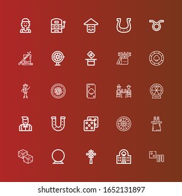 Editable 25 fortune icons for web and mobile. Set of fortune included icons line Dice, Casino, Chinese knot, Crystal ball, Dices, Magic, Roulette, Horseshoe, Croupier, Gamblers on red