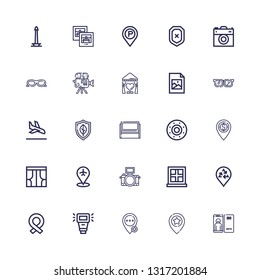 Editable 25 frame icons for web and mobile. Set of frame included icons line Focus, Placeholder, Camera flash, Ribbon, Window, Camera, Curtains, Shield, Whiteboard on white background