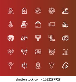 Editable 25 free icons for web and mobile. Set of free included icons line Delivery truck, Wifi, Delivery, Signal, Hotspot, Truck, Peace, Van, Sugar, Soy eggs, Slavery on red