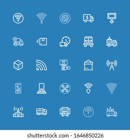 Editable 25 free icons for web and mobile. Set of free included icons line Delivery, Wifi, Truck, Signal, Wifi signal, Wireless, Vegan food, No wifi, Sugar on blue background