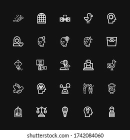 Editable 25 freedom icons for web and mobile. Set of freedom included icons line Prisioner, Mind, Hot air balloon, Scale, Bird cage, Parrot, Motivation, Mindfulness on black background