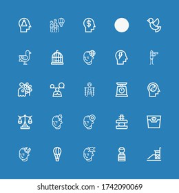 Editable 25 freedom icons for web and mobile. Set of freedom included icons line Vigilance, Prisioner, Mind, Hot air balloon, Scale, Force, Slavery, Mindfulness on blue background