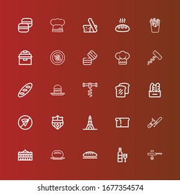 Editable 25 French Icons For Web And Mobile. Set Of French Included Icons Line Fried, Wine, Bread, Bun, Palais Garnier, Trombone, Eiffel Tower, Nantes, No Fast Food, Corkscrew On Red