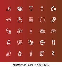 Editable 25 fresh icons for web and mobile. Set of fresh included icons line Carrot, Energy drink, Mouthwash, Pepper, Lemon, Lemonade, Salad, Bananas, Oyster omelette, Crepe maker on red