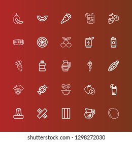 Editable 25 freshness icons for web and mobile. Set of freshness included icons line Lemon, Lemonade, Chewing gum, Fountain, Peach, Peppermint, Peas, Asparagus, Mouthwash on red