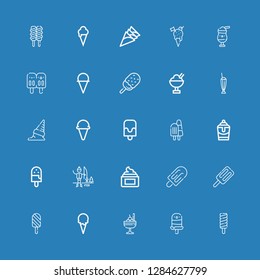Editable 25 frozen icons for web and mobile. Set of frozen included icons line Popsicle, Ice cream, Cream, Ice fishing, Milkshake on blue background