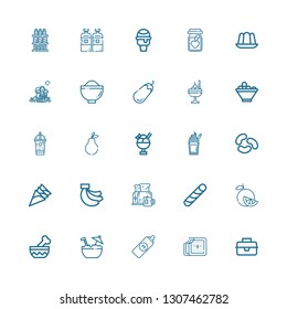 Editable 25 fruit icons for web and mobile. Set of fruit included icons line Lunchbox, Ice cream, Mustard, Coconut, Bowl, Orange, Stick candy, Breakfast, Bananas on white background
