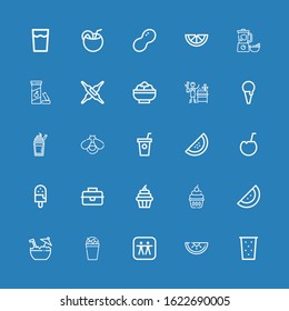 Editable 25 fruit icons for web and mobile. Set of fruit included icons line Drink, Watermelon, Apple, Milkshake, Coconut, Cupcake, Lunchbox, Ice cream, Smoothie on blue background