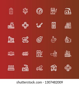 Editable 25 fuel icons for web and mobile. Set of fuel included icons line Pipe, Coal, Cement truck, Factory, Barrel, Lighter, Gas station, Tank, Oil, Fire, Electric car on red