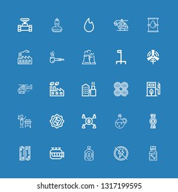 Editable 25 fuel icons for web and mobile. Set of fuel included icons line Dippel oil, Electricity, Oil, Engine, Battery, Pipes, Mining, Energy, Gas, Eco fuel on blue background