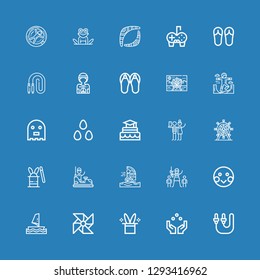 Editable 25 fun icons for web and mobile. Set of fun included icons line Skip rope, Juggling ball, Magic hat, Pinwheel, Windsurf, Shy, Paintball, Windsurfing on blue background
