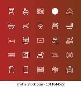 Editable 25 furniture icons for web and mobile. Set of furniture included icons line Nightstand, Candle making, Bed, Fridge, Chair, Cupboard, Sofa, Wardrobe, Terrace, Chairs on red