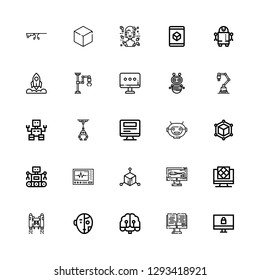 Editable 25 futuristic icons for web and mobile. Set of futuristic included icons line Monitor, Artificial intelligence, Robot, Jetpack, Cube, Robot mask, Industrial robot on white background